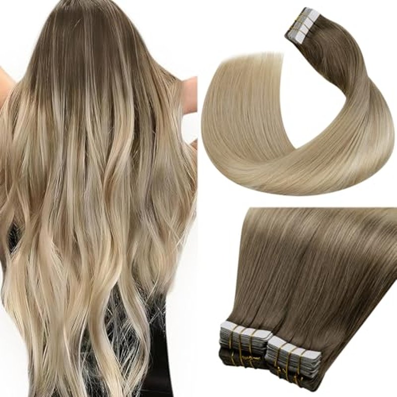 LaaVoo Tape in Hair Extensions Balayage Blonde Tape in Extensions Human Hair 100gTape in Extensions Balayage Brown to Ash Blonde Mix Platinum Blonde 16 Inch 40pcs