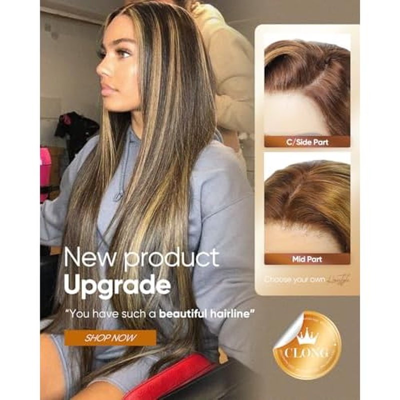 CLong Highlight Ombre Lace Front Wig Human Hair, 13x4 Straight 4/27 Honey Blonde HD Lace Front Wig Pre Plucked 200% Density Colored Lace Front Wigs for Black Women 22Inch
