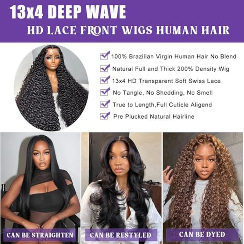 Deep Wave Lace Front Wigs Human Hair 200% Density 13x4 HD Full Lace Frontal Wigs for Women 24 Inch Glueless Deep Curly Human Hair Wig Pre Plucked Curly Wigs