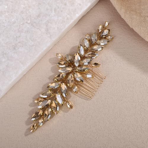 Teyglen Champagne Crystal Bridal Hair Comb Full Rhinestone Hair Piece Bride Wedding Hair Comb Sparkly Rhinestone Headpiece Party Prom Hair Accessories for Women (Champagne)
