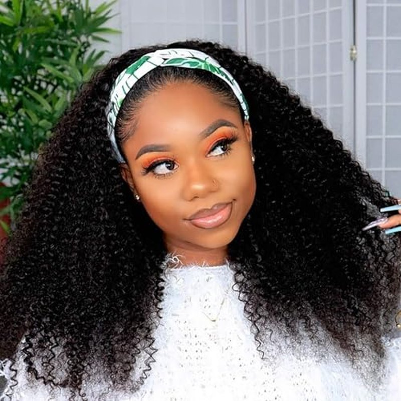 Headband Wig Human Hair Kinky Curly Human Hair Wigs for Black Women Curly Half Wig None Lace Front Wigs 150% Density 24 Inch Brazilian Virgin Hair Natural Color