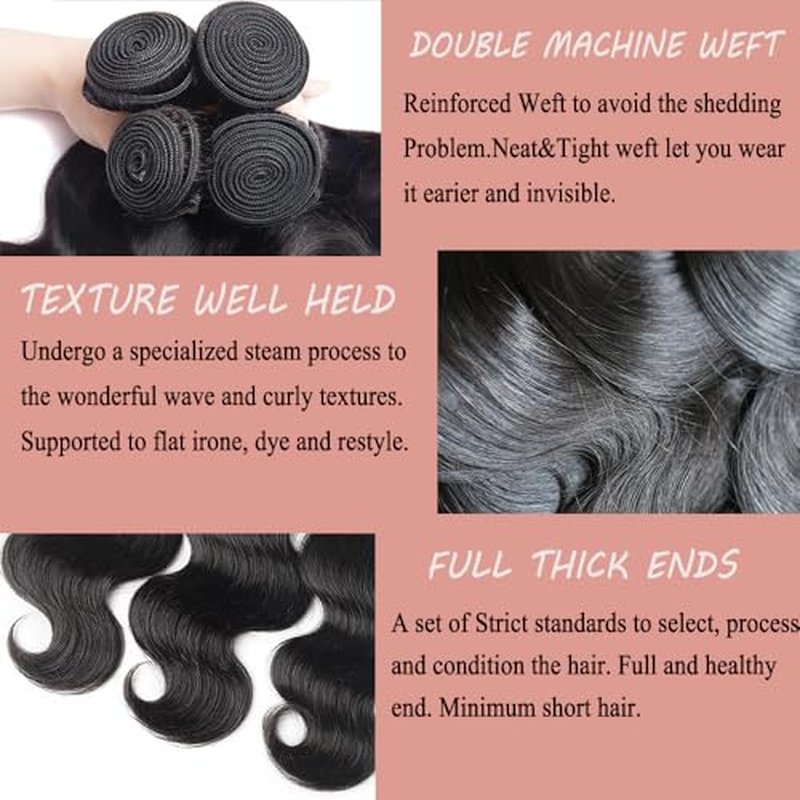 12A Human Hair Bundles Body Wave 100% Unprocessed Brazilian Virgin Hair 4 Bundles Human Hair Extensions Quick Weave Human Hair (4 Bundlles Natural black, 14 16 18 20 Inch)