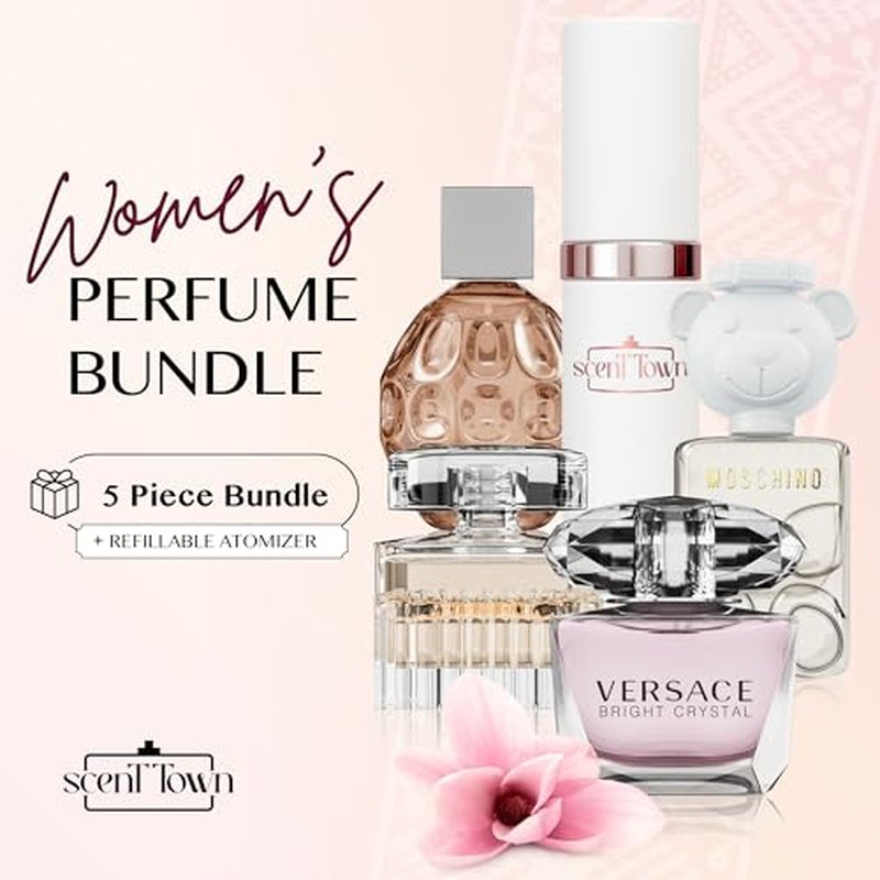 Women's Perfume Gift Sets Bundle Mini Bottle ? Designer Womens Perfume Sampler Sets with Refillable Atomizer ? Bundle Includes Versace, Moschino, Chloe, Jimmy Choo Travel Size 0.15 Oz Each