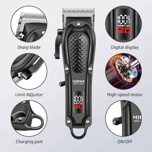 HIENA PRO Professional Hair Clippers for Men, Cordless&Corded Barber Clippers for Hair Cutting, Rechargeable Beard Trimmer, LED Display, Gifts for Men (Black)