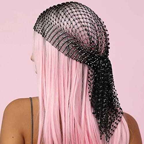 JEAIRTS Rhinestone Head Scarf Sparkly Mesh Headband Stretchy Crystal Nightclub Headwrap Rave Hair Accessories for Women (1-Black, Free Size)