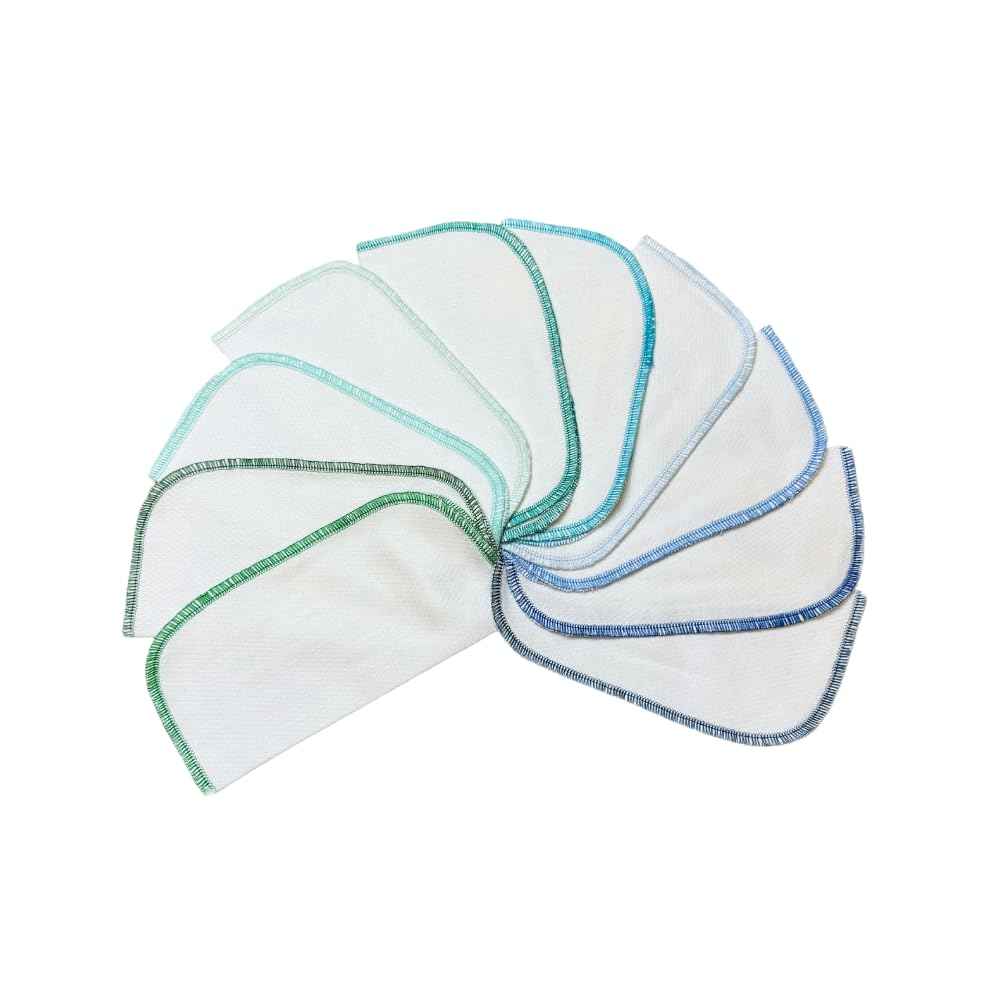 Gina's Soft Cloth Shop 2 Ply 8x8 Inches White Cotton Birdseye Little Wipes Set of 10 Assorted Blues and Greens- Proudly Made in the USA!