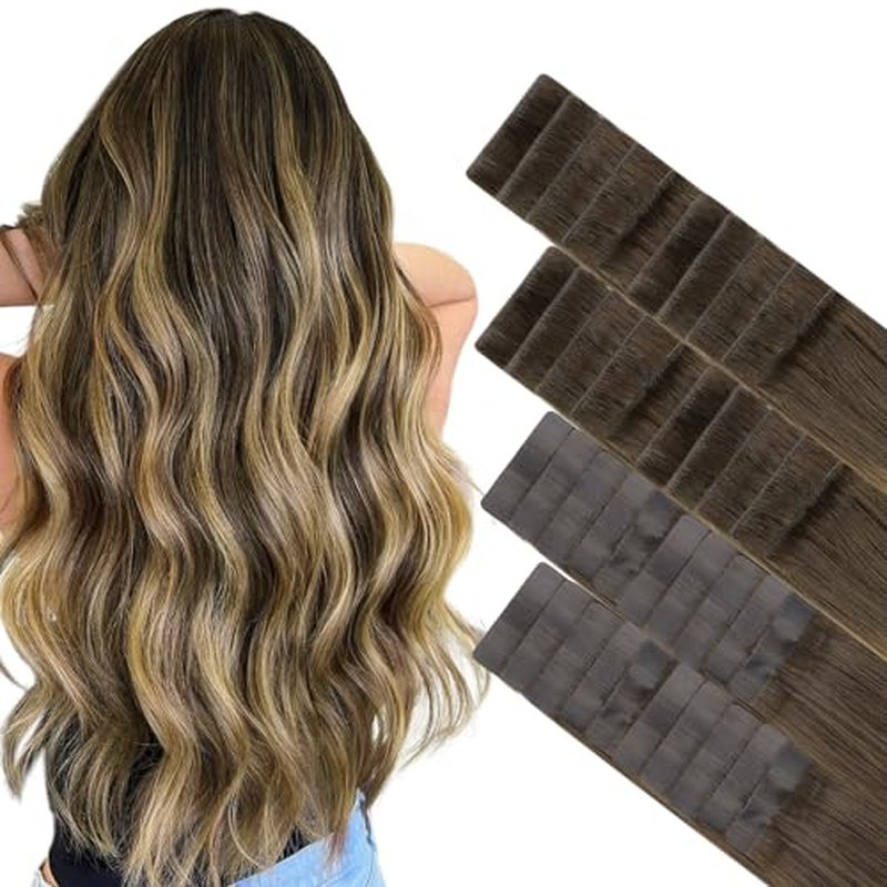 GOO GOO Invisi Edge Tape in Hair Extensions Human Hair, 4/27/4 Balayage Chocolate Brown to Caramel Blonde 20pcs injected with 20pcs classical tape ins, 18inch 100g, Virgin Remy Hair, Natural Look
