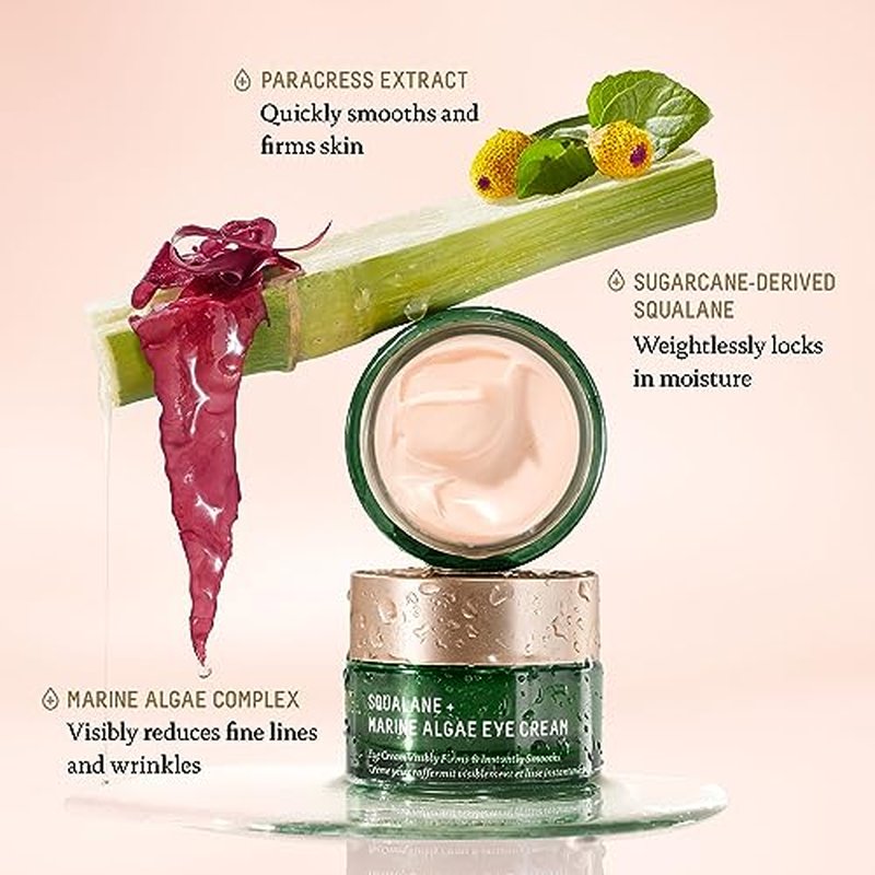 BIOSSANCE Squalane and Marine Algae Eye Cream - Anti-Aging Under Eye Cream for Fine Lines, Wrinkles, and Puffiness - Hydrating & Lifting Formula with Hyaluronic Acid and Paracress Extract - 0.5 Ounce