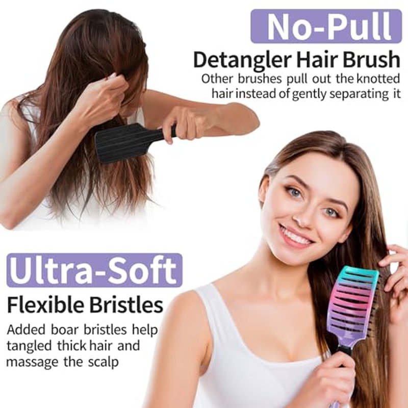 Hair Brushes for Women 2 Pack, HIPPIH Detangler Hair brush for Adult & Kids¡¯ Wet or Dry Hair, Boar Bristle Hair Brush Getting Knots Out without Pain Adds Shine and Makes Hair Smooth