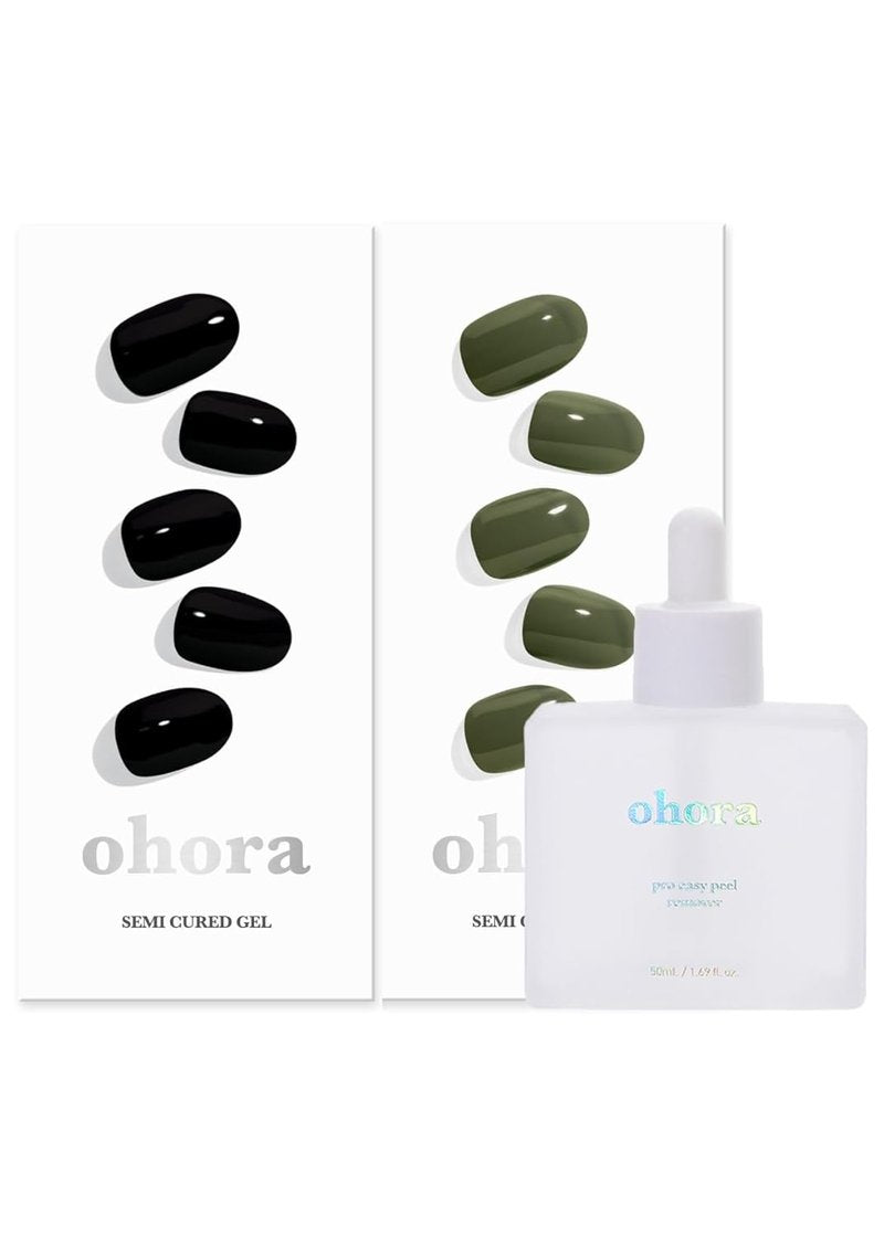Ohora Semi Cured Gel Nail Set - Onyx & Cream Moss | Easy Peel Remover for Salon-Quality Nails