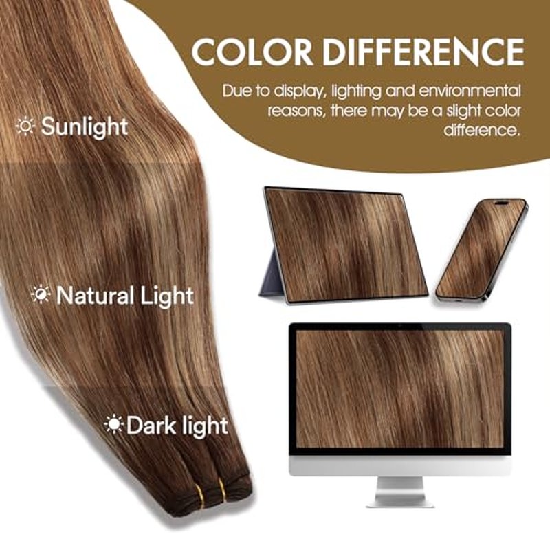 Sew in Hair Extensions Real Human Hair, 110g 20 inch Ombre Color 4/27/4 Balayage Chocolate Brown to Caramel Blonde Double Weft Weave Bundles Remy Human Hair Extensions Straight