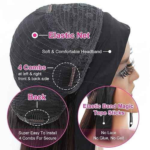 Headband Wig Human Hair for Women 16-Inch 180% Density Body Wave Headband Wigs Glueless Human Hair Wig(Body Wave, Natural Black)