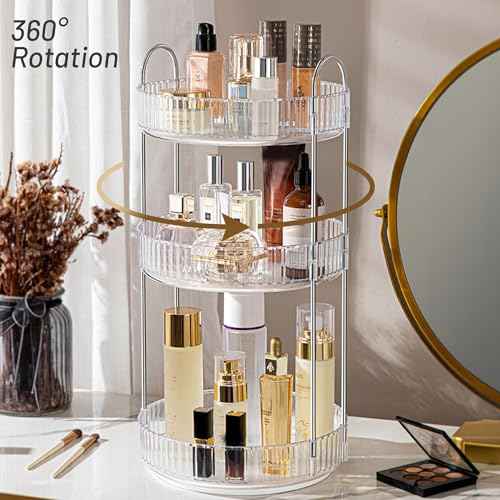 Aveniee Rotating Makeup Organizer for Vanity, 3 Tier Perfume Skincare Organizers and Storage for Bathroom Countertop, Clear Spinning Counter Cosmetic Holder for Dresser,Grey