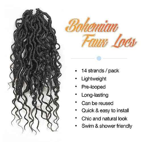 ToyoTress Boho Faux Locs Crochet Hair - 14 Inch 8 Packs Natural Black Bohemian Locs Crochet Hair With Curly Ends for Black Women, Short Pre-looped Synthetic Braiding Hair Extensions£¨14 Inch, 1B-8P)