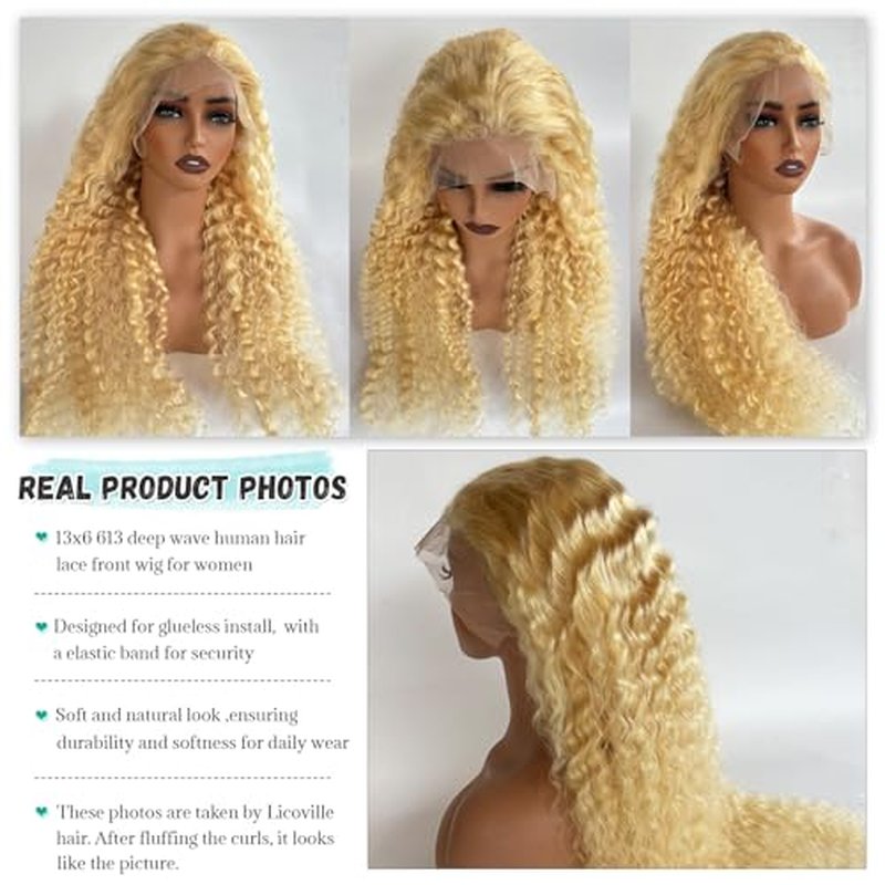 Licoville 13x6 Deep Wave Lace Front Wigs Human Hair 613 Wig 26 Inch HD Transparent Blonde Deep Wave Wig Human Hair Long Curly Blonde 613 HD Frontal Lace Wigs for Black Women 180% Density Pre Plucked