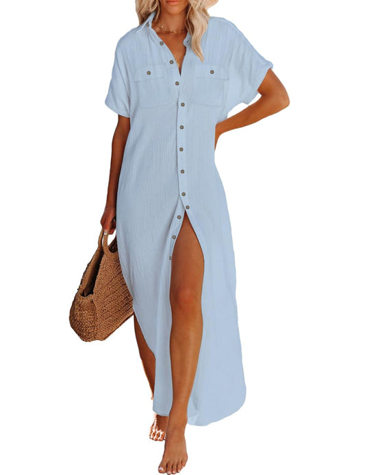 Bsubseach Women Bathing Suit Cover Ups Button Down Beach Swimsuit Cover Up Long Kimono Cardigan Vacation Outfits Blue