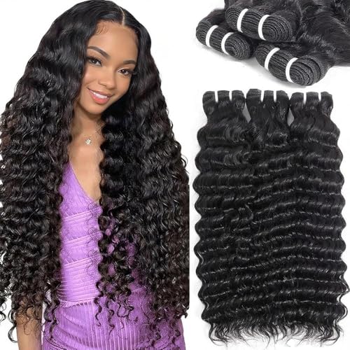 12A Deep Wave Bundles Human Hair 100% Unprocessed Brazilian Virgin Deep Curly Human Hair Weave 3 Bundles Wet And Wavy Real Hair Extensions for Women Natural Black (20 22 24 Inch)