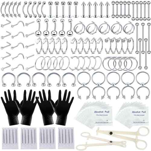 154PCS Mixed-pack Nose Piercing Kits for All Piercings,Stainless Steel Piercing Jewelry Kit 14G 16G with Piecing Needles for Ear Cartilage Tragus Nose Septum Lip Piercing Tools