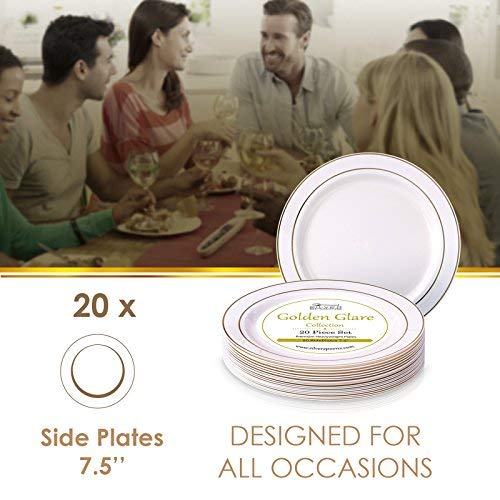 DISPOSABLE PLASTIC SIDE PLATES 7.5" Glare Ivory/Gold (20 pc)