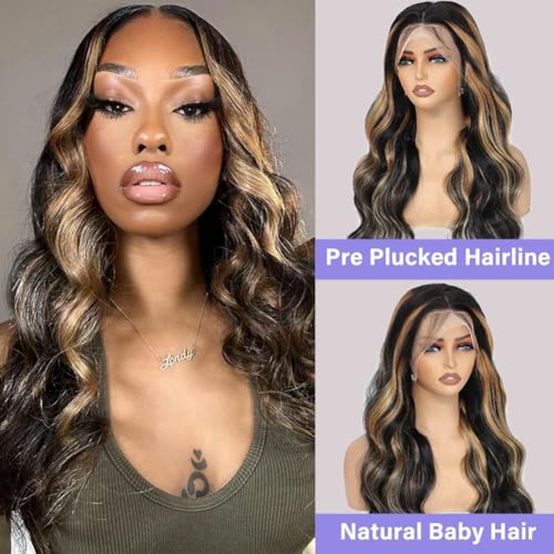 13x6 Highlight Ombre Balayage Lace Front Wigs Human Hair 1b/27 Black and Blonde Lace Frontal Body Wave Wig Pre Plucked with Baby Hair for Black Women HD Transparent 180% Density Wig 18 Inch