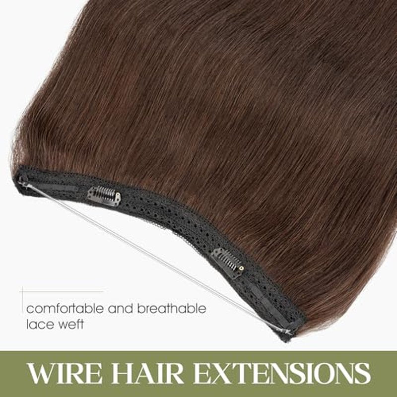 Halo Hair Extensions Real Human Hair Invisible Wire Extensions with Transparent Fish Line Adjustable Size Dark Brown 20 inch