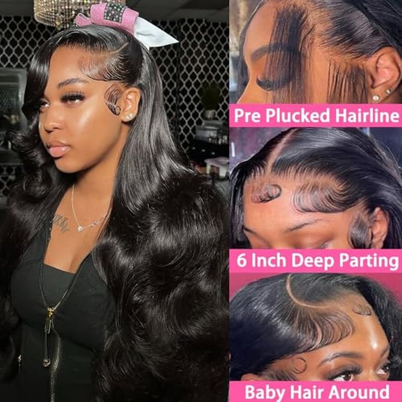 13x6 Lace Front Wigs Human Hair 200% Density Body Wave HD Lace Front Wigs Human Hair Pre Plucked Glueless 13x6 Full Frontal Wig for Women Natural Black 24 Inch