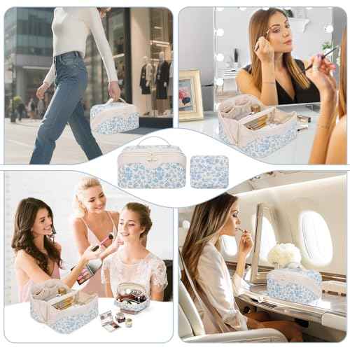 Travel Makeup Bag Organizer Cosmetic Bag, 2Pcs Floral Make up Bag Portable Pouch Open Flat Pouch Clear Divider and Handle