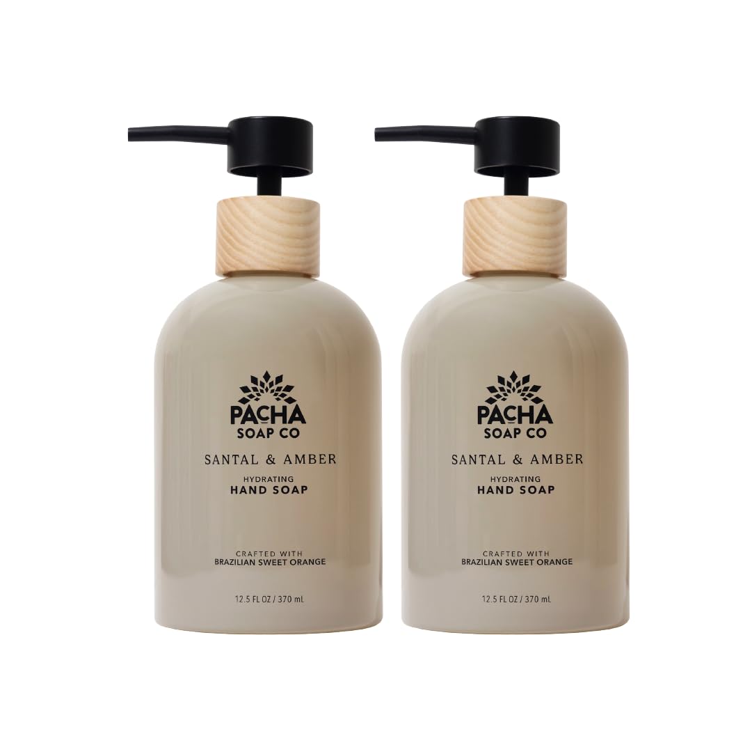 Pacha Soap Co. Liquid Hand Soap Glass Bottles - Santal & Amber, Hydrating & Moisturizing Formula with Clean Ingredients, Paraben, sulfate, and Dye Free, Made in the USA, 2-Pack (12.5 fl oz Each)