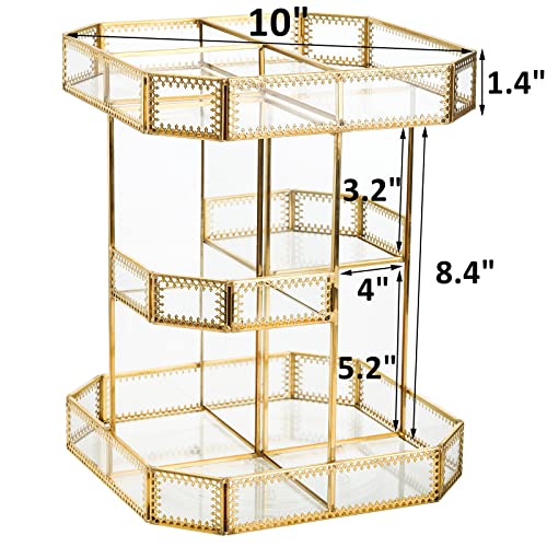 ZOOFOX 360 Degree Rotating Glass Makeup Organizer, Large Cosmetics Storage Display Holder with Gold Trim for Vanity, Clear Makeup Carousel for Perfume, Cosmetics, Brushes, Lotion, Lipsticks