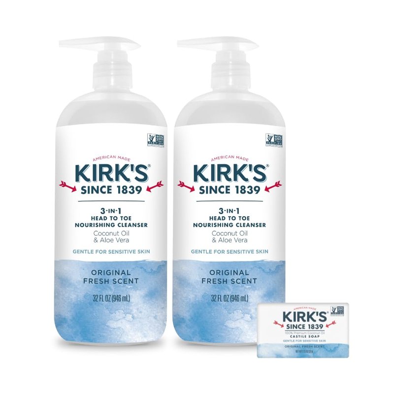 Kirk's Original Fresh 3-in-1 Nourishing Cleanser and Travel Bar Soap, Shampoo Body Wash Bubble Bath, Coconut Oil and Aloe Vera, Vegan Non-GMO, 32 Fl Oz, Pack of 2