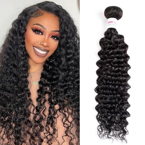 12A Deep Wave Human Hair Bundles 24Inch Curly Bundles Human Hair 100% Unprocessed Human Hair Bundles Deep Wave Weft Extensions Weave Natural Black 100g