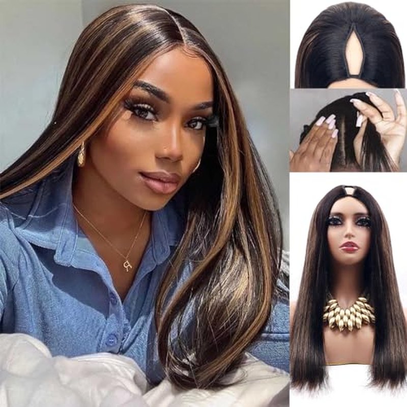 Glueless #FB30 Ombre V Part Wigs Human Hair Balayage Brown Straight Human Hair Wigs for Black Women Highlight Upgrade U Part Wig Full Head Clip In Half Wig No Leave Out 180% Density 20 Inch