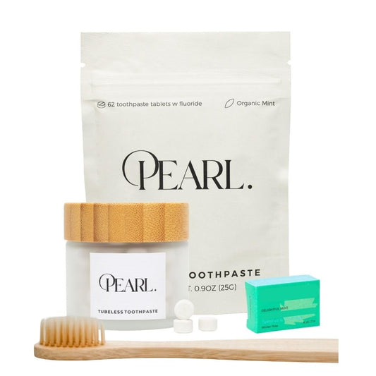 Pearl. Lux: Sea Glass Jar + 62 Tablets + Mint Floss + Bamboo Toothbrush | Dentist Designed | Natural Whitening | TSA Approved | Reusable Packaging