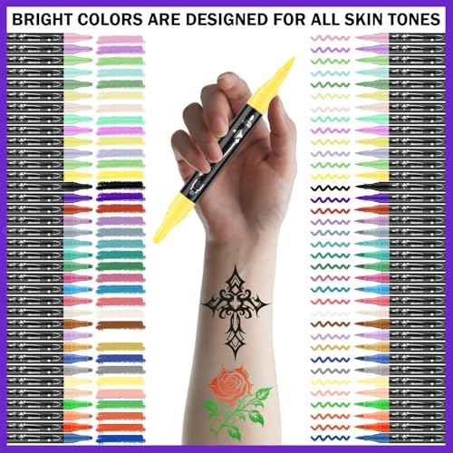Ponhey Temporary Tattoo Markers for Skin, 36 Body Markers+67 Large Tattoo Stencils,Dual-End Tattoo Pens,Fine Lines with Cosmetic-Grade,Flexible, Skin-Safe Face Paint Kit for Kids Teenage Adults