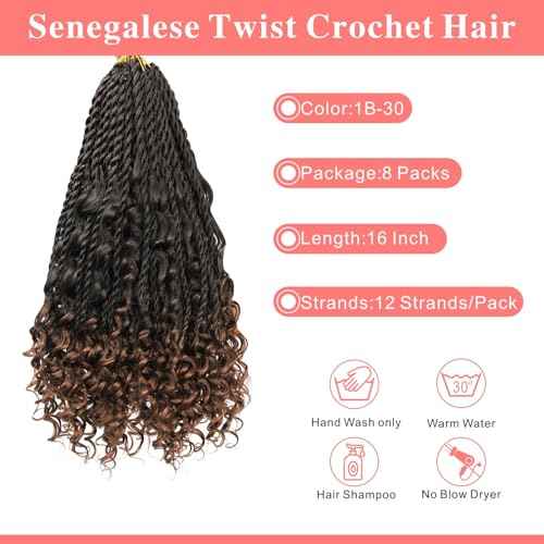 Senegalese Twist Crochet Hair - 8 Packs Boho Island Twist Crochet Hair with Curly Ends 16 Inch Pre Looped Goddess Crochet Twist Hair Extensions for Black Women (16 Inch(8 Packs), 1B/30)