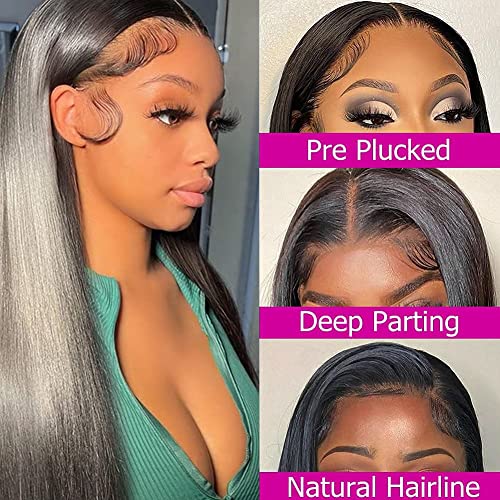 13X4 Ear To Ear Lace Frontal Closure Straight Frontal HD Lace Human Hair 100% Brazilian Virgin Hair 150 Density HD Transparent Lace Natural Black Pre-Pulled Baby Hair (16 Inch)