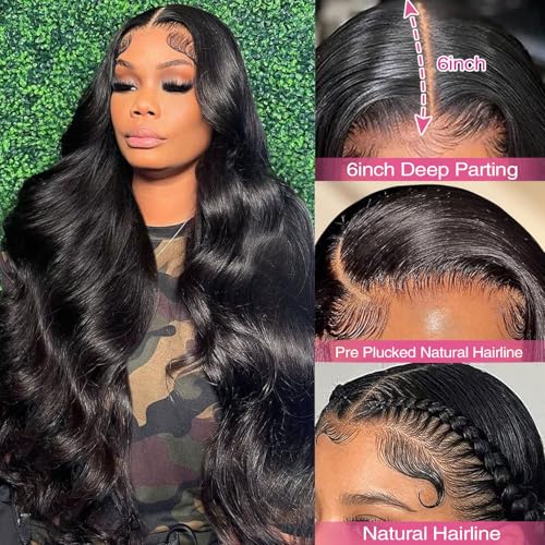 13x6 Lace Front Wigs Human Hair Pre Plucked 200% Density Body Wave HD Lace Front Wigs Human Hair Transparent Frontal Glueless Wigs Virgin Human Hair with Baby Hair for Women Natural Black 30 Inch