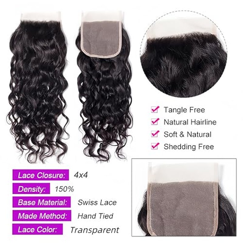 Human Hair 5Bundles with Lace Closure, Water Wave Bundles with Closure, Deep Curly Human Hair Bundles with Closure (18/18/18/18/18+18)