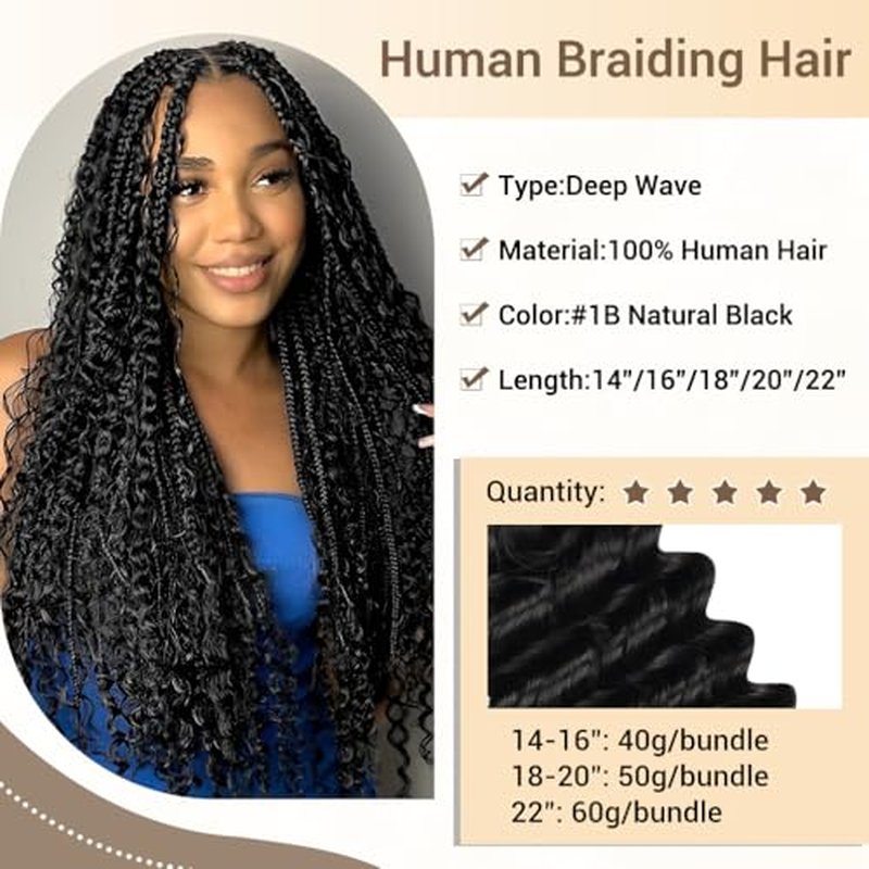 Human Braiding Hair for Boho Knotless Braids 3 Bundles 20 Inches 150g Deep Wave 10A Brazilian Virgin Human Bohemian Hair for Braiding Natural Black 1B