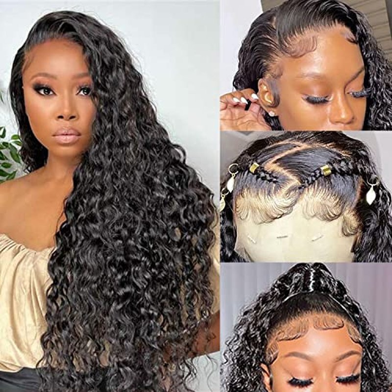 13x6 HD Transparent Lace Front Wigs Human Hair 180 Density Curly Lace Front Wigs Water Wave Wigs for Women Wet and Wavy Human Hair Wig Pre Plucked with Baby hair Natural Color (22 Inch)