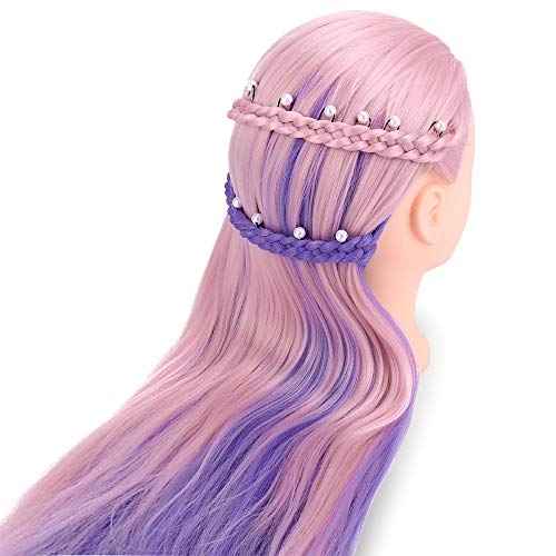 TopDirect 29" Mannequin Head with Hair,Doll Head for Cosmetology Hair Styling Training Head,Manikin Braiding Head With Clamp Holder and Styling Tools (Pink Purple)