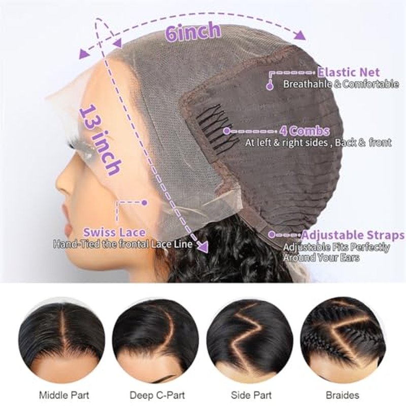 MSGEM 13x6 HD Lace Front Wigs Human Hair Deep Wave Lace Front Wigs 12A Human Hair Wigs for Women 180 Density 18 inch Curly Human Hair Wig Transparent Lace Frontal Wig Pre Plucked Natural Color