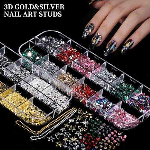 FANDAMEI Nail Charms, Nail Rhinestones Kit with 8 Boxes of Nail Gems, 3D Charms for Nails, Colorful Clear Flatback Rhinestones, Multi Shape Pearls Jewels Crystals for Craft