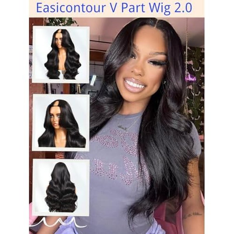 Nadula Yaki Wavy V Part Drawstring Wig Human hair with Blow Out Bangs, Glueless EasiContour Vpart Wigs No Leave Out Beginner Friendly Clip In V Shape Wigs Upgrade Wavy U Part Wig 150% Density 16inch