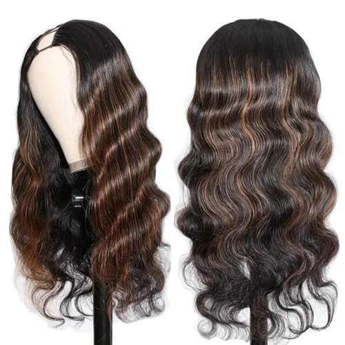V Part Wig Human Hair Body Wave 1B/30 Highlight Ombre Wigs for Black Women Wear and Go Glueless Human Hair Wig Upgrade U Part Wigs No Sew in No Glue Beginner Friendly 180% Density 18 inch