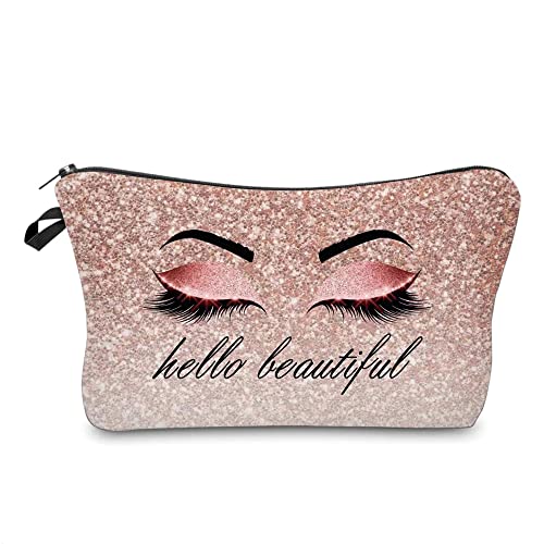 Hello Beautiful Makeup Bag for Purse Eyelash Pink Cosmetic Bags for Women Inspirational Gift Small Funny Cosmetics Glitters Eyeshadows Travel Bag Cases for Toiletries Accessories Organizer