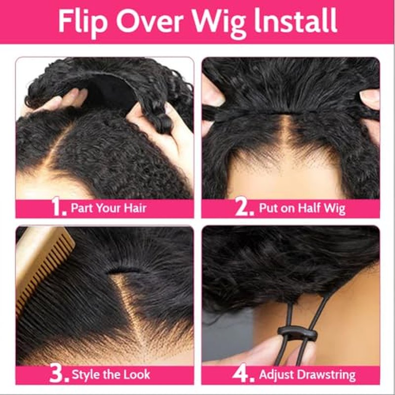 Curly Half Wig Human Hair Deep Wave, All Hairstyles In One Curly Half Wigs, Flip Over With Adjustable String Invisilbe Hairline Beginner Friendly Headband Wig for Black Women 200% Density 16 Inch
