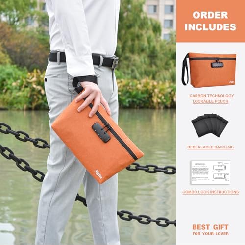 Storage Bag with Combination Lock 12.6"x7.5" Large Storage Container Medicine Lock Bag Travel Cosmetic Certificates Organizer Great Christmas Gift Halloween Orange Purse