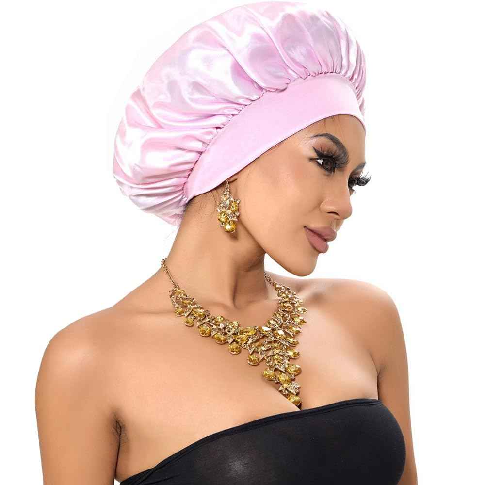 WOMEI Silk Bonnet for Sleeping Women Men - Larger Double Layer Satin Bonnet - Hair Bonnet for Sleeping - Shower Cap for Curly Hair (Pink)