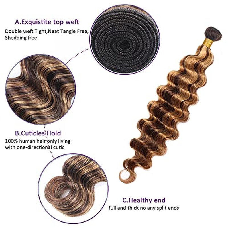 P4/27 Blonde Bundles Human Hair Deep Wave Bundles 34 34 34 Inch Unprocessed Brazilian Virgin Hair Highlight Brown Deep Wave 3 Bundle Human Hair Extensions 50 Gram Per Bundle